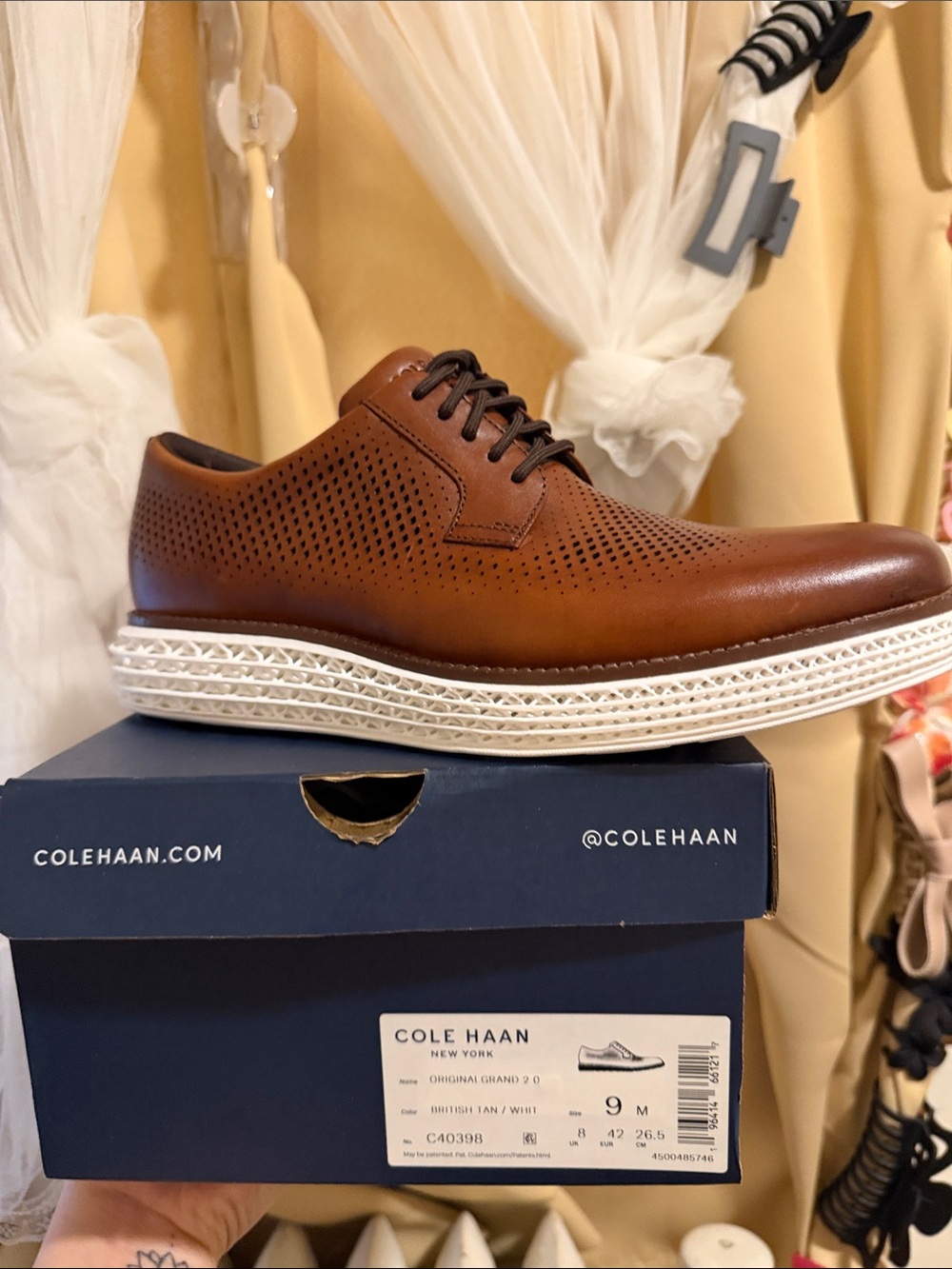 Cole Haan British Tan Perforated Leather Oxford with White Sole